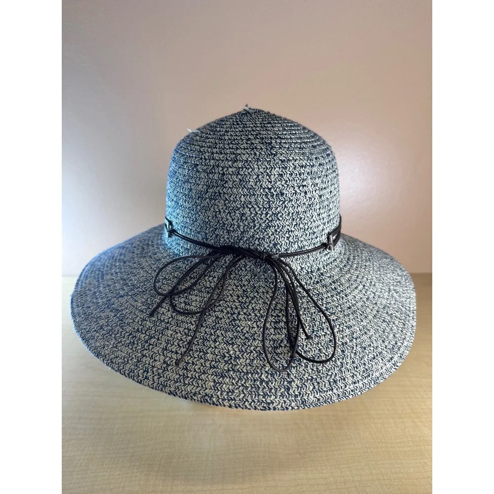 Woven Paper Straw Wide Brim Sun Hat Navy Tan Marled with Wood Bead Band